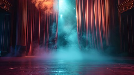 Mysterious stage with smoke and neon light. dramatic theater scene backdrop. futuristic show setting with atmospheric mood. AI