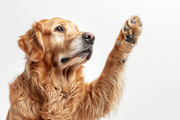 Golden Retriever's Paw Gesture.
A golden retriever giving a high paw against a white background.