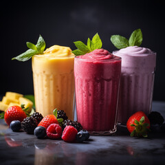 Mixed berry smoothies. Variety of fresh fruit juices in glasses. Summer drinks. Healthy fresh fruit smoothies with ingredients. A healthy berry smoothie is rich in antioxidants.