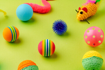 Colorful pet toys balls on green background