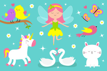 Naklejka premium Magic animal set. Fairy little princess with wings. Flower dress. Unicorn, swan, bird, butterfly, rabbit bunny. Cute cartoon kawaii funny baby character. Flat design. Blue background. Isolated.