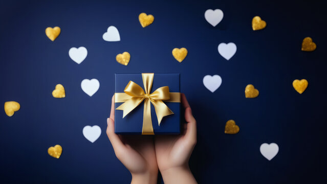Girl hand holding Gift box with gold bow and white and gold heart at navy background. Father day, Holiday concept.