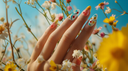 Beautiful female nails with seasonal spring flower nail art design and flower in the garden. Floral and spring nail art design. Manicure for spring. Modern stylish nail design