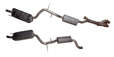 Car double exhaust system on a white isolated background with a muffler for welding and car tuning. Catalog of spare parts.