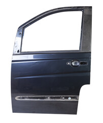 Fototapeta premium The front door of the car is blue on a white isolated background. Body repair of vehicles in a service workshop.