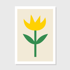 Abstract yellow flower. Flowers, leaves, plants. Childish simple style. Hand drawn poster picture. Modern floral elements. Flat design. White background.