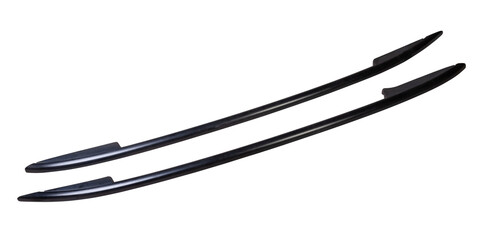 A pair of black roof rails for securing luggage on the roof of a car on a white isolated background. Spare parts catalogue.