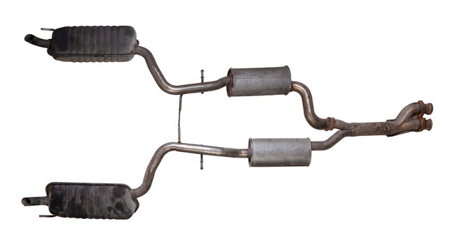 Car double exhaust system on a white isolated background with a muffler for welding and car tuning. Catalog of spare parts.