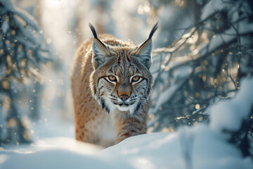Bobcat, Eurasian lynx walking through snow covered mountain range. Endangered species. Majestic wildlife.