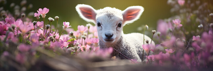 Birth of Spring: Lovely Lamb Amidst Wildflowers in Meadow. Nature, Animals, Spring, Easter, Greetings Card, Panoramic Header, Copy Space.