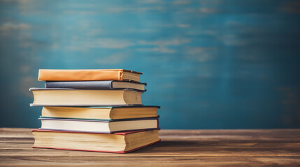 Book stack on wood desk with blue background. World book day, Education learning and back to school concept.