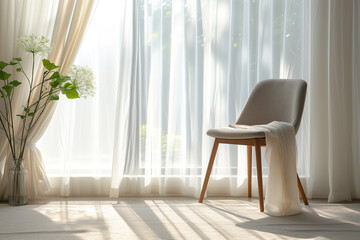 Chair with soft throw and vase with greenery bathed in sheer curtain filtered light. Modern minimal interior design.