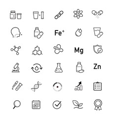 Vitality icon set for human-improving products, medicine, laboratory research. The outline icons are well scalable and editable. Contrasting elements are good for different backgrounds. EPS10.