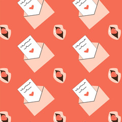 romantic pattern with letter and lips for love day. Vector illustration on red background. Can used for holiday card, sweets label, poster and greeting card 