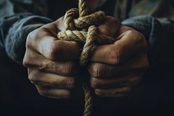 Male hands are tied with a rope, representing captivity - obrazy, fototapety, plakaty