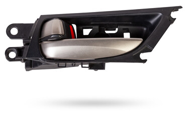 Naklejka premium Inside Handle door opening in the vehicle with metal element on white isolated background. Spare parts auto catalog.