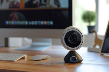 Modern Webcam Positioned on Work Desk with Computer Monitor in Background. Technology concept for Remote work, Work from home, communication, video streaming.