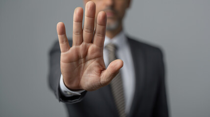 Businessman raising his palm in office, Prohibit or stop concept