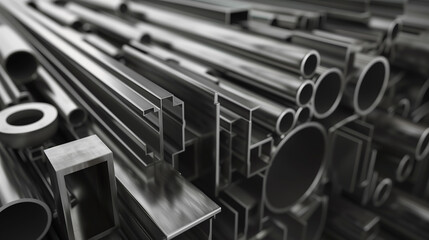 Assorted Metal Pipes and Profiles in Monochrome