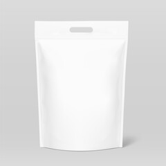 Realistic heavy black stand up pouch bag with handle mockup with shadow. Front view. Vector illustration isolated on grey background. Easy to make a realistic mockup of your product. EPS10.