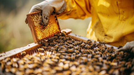 The beekeeper pulls out a frame with honey from the beehive 