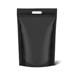 Realistic heavy black stand up pouch bag with handle mockup with shadow. Front view. Vector illustration isolated on white background. Easy to make a realistic mockup of your product. EPS10.