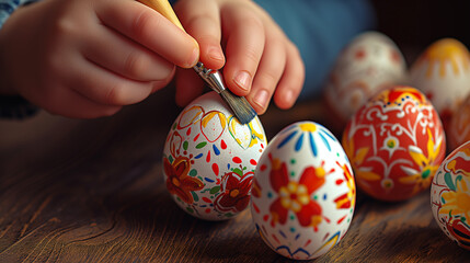 Close-up of little kid hand using painting brushes to decorate easter eggs.