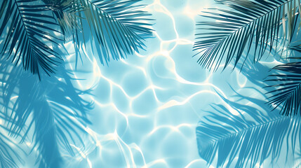Palm leaves on the surface of ocean water with space for text. Top view of tropical leaf shadow on...