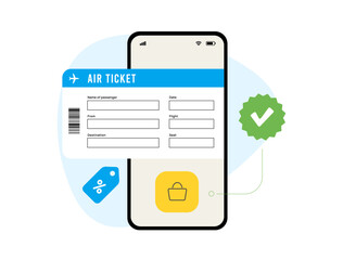 Seamless travel experience. Mobile app with airline ticket, purchase button and discount tag icon. Effortless mobile app ticket booking for convenient and discounted travel. Vector illustration