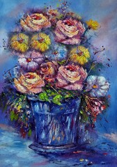 Original oil painting abstract color petal flower in vase	
