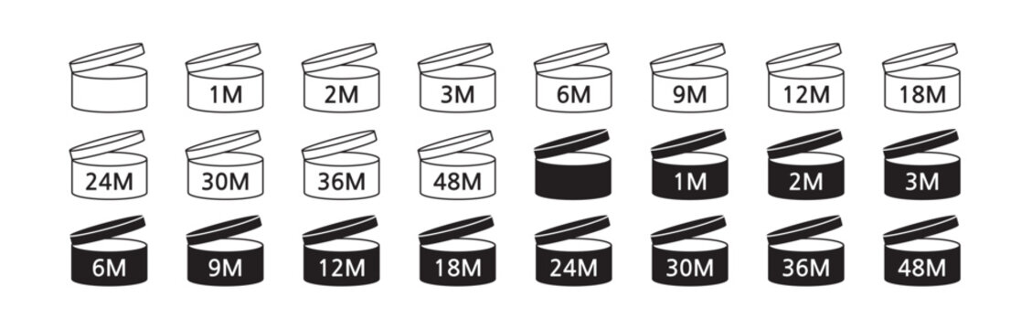 PAO cosmetic icon, mark of period after opening. Expiration time after package opened, white label. 1M, 2M, 3M, 6M, 9M, 12M, 18M, 24M month expirity on white background, vector illustration. eps. jpg