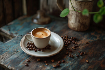 Cup of coffee with beans on wooden table.