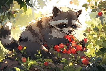 Wandaufkleber Cartoon scene with a raccoon eating strawberries in the forest illustration for children.  © kmmind