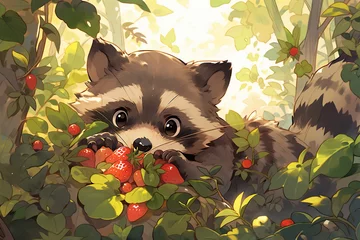 Foto op Canvas Cartoon scene with a raccoon eating strawberries in the forest illustration for children.  © kmmind