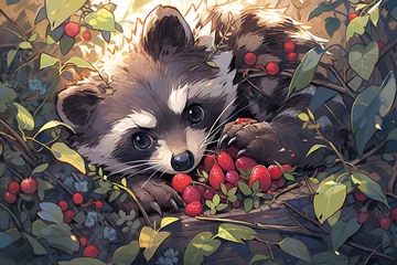 Cartoon scene with a raccoon eating strawberries in the forest illustration for children.  © kmmind