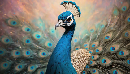 Fototapeta premium Fantasy Illustration of a wild Peafowl. Digital art style wallpaper background with peacock in pastel colors.
