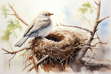 A bird sitting in a nest on a tree branch. Watercolor illustration. 