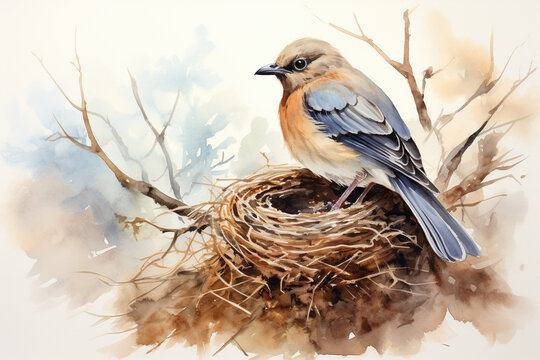 Digital watercolor painting of a robin bird in its nest. 