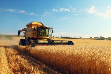 Obraz premium Harvesting a wheat field,, Harvesting wheat in rural landscape
