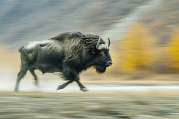 A yak buffalo caught mid-stride, power embodied in motion
