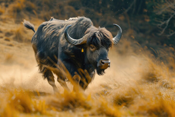 A yak buffalo caught mid-stride, power embodied in motion