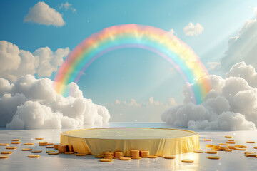 3d Saint's Patrick Day themed empty product display podium with rainbow arch and gold coins.