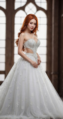 Fototapeta premium Beautiful woman with long red hair wear beautiful white wedding dress.