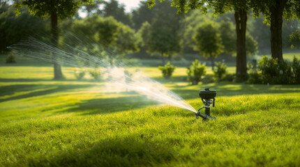 A green lawn with a sprinkler watering the grass