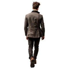 Back view of a young fashion man walking looking to his side