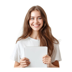 Portrait of cheerful charming girl hold tablet toothy smile empty space