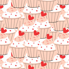 White cupcake with pink cream and red heart background. Vector illustration can used for greeting card, celebration banner, label, wedding card. 