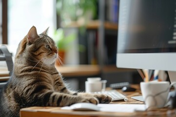 Eine Lustige Katze sitzt vor einem PC und arbeitet  - obrazy, fototapety, plakaty