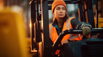 A female foreman driving forklift at shipping container yard, Industrial engineer woman drives reach stacker truck to lift cargo box at logistic terminal dock.