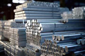 Aluminum in stack waiting for shipment in large warehouse.
